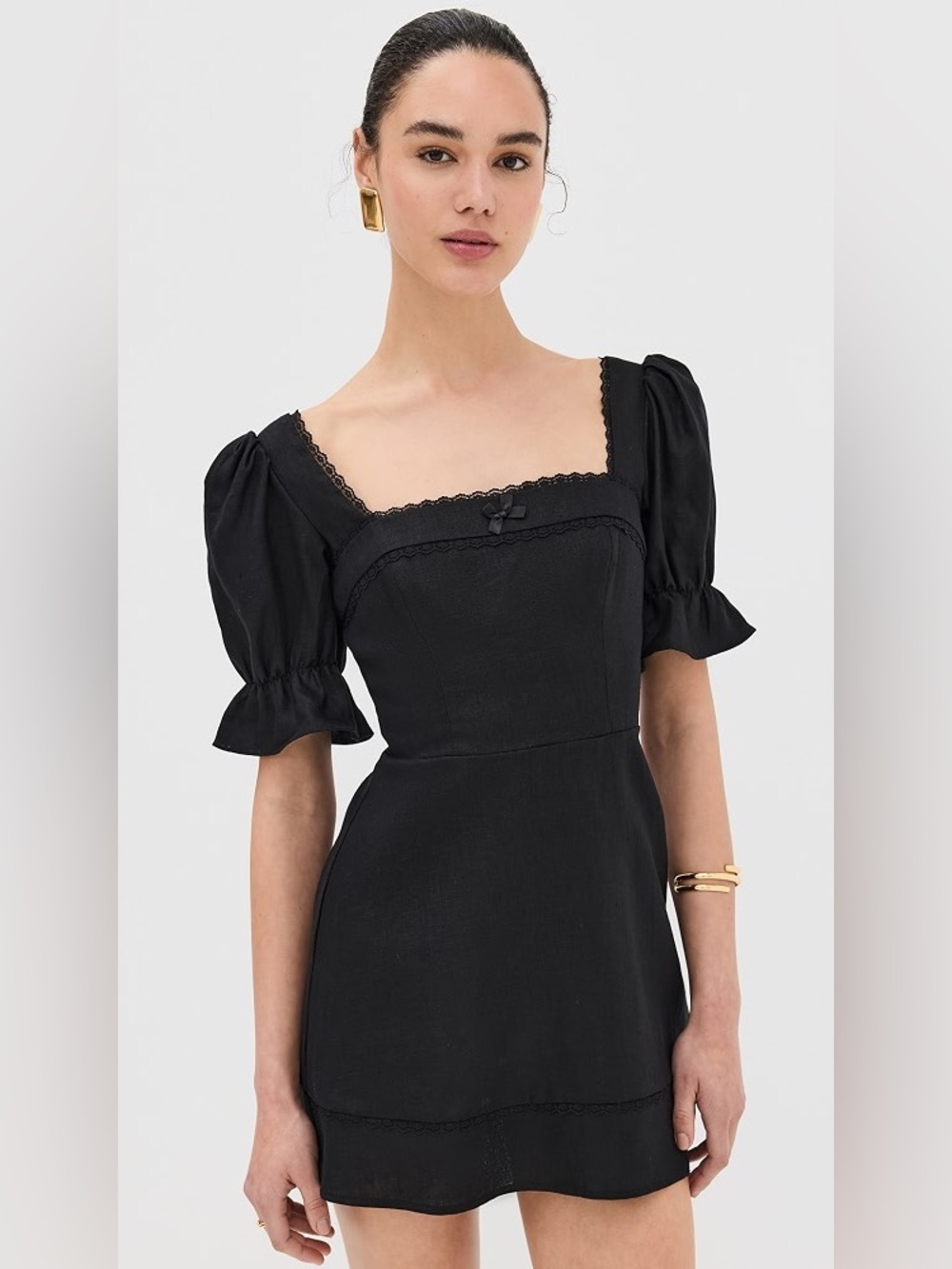 Reformation Evianna Linen Black Square-Neck Puff Sleeve Mini Dress
